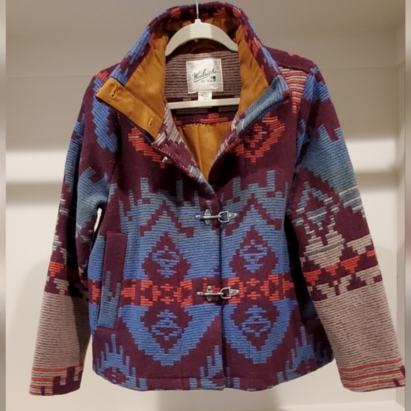 Woolrich Aztec 70% Wool Lined Jacket Coat, Wine/Teal/Mustard, Large, EUC - Picture 1 of 15